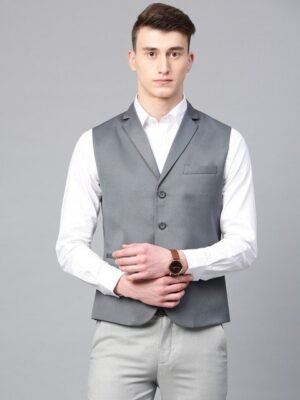 MANQ Men Grey Solid Slim Fit Woven Formal Waistcoat