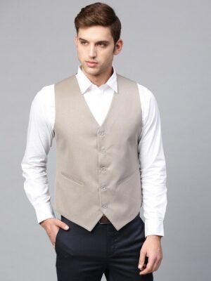 MANQ Men Taupe Solid Slim Fit Single-Breasted Waistcoat