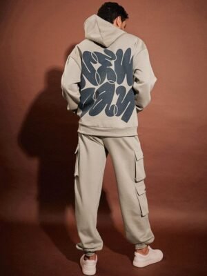 MASCLN SASSAFRAS Taupe & Black Typography Printed Hooded Oversized Tracksuit