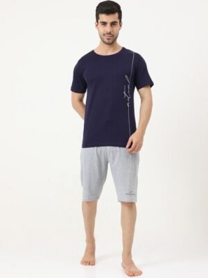 Masculino Latino Men Navy Blue & Grey Printed Cotton Night suit