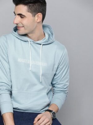 Mast & Harbour Men Blue Printed Hooded Sweatshirt