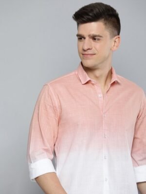 Mast & Harbour Men Peach-Coloured & White Ombre Dyed Casual Cotton Shirt