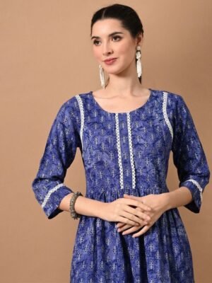 METAFAB Floral Printed Round Neck Anarkali Short Kurti