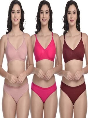 MiEstilo Pack of 3 Lingerie Set of Non-Padded T-Shirt Bra and Hipster Briefs