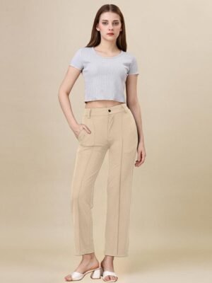 Moda Rapido Women Beige Straight Fit Polyester Trousers