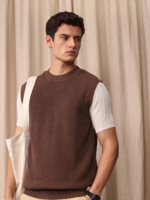 Mr Bowerbird Cotton Linen Liberal Fit Self Design Cable Knit Sweater Vest