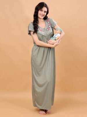 NIGHT KEYS Women Round Neck Hosiery Feeding Maxi Nightdress