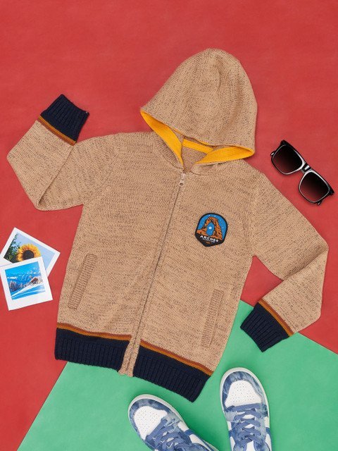 Pantaloons Junior Boys Hooded Neck Long Sleeves Zip Detail Acrylic Cardigan Sweater
