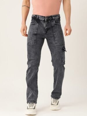 PARIS HAMILTON Men Relaxed Fit Heavy Fade Acid Wash Stretchable Cargo Jeans
