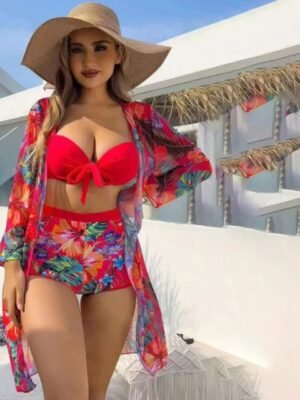 Plus Curvves Tropical Printed Underwire Bikini Swimwear With Kimono Coverup Set