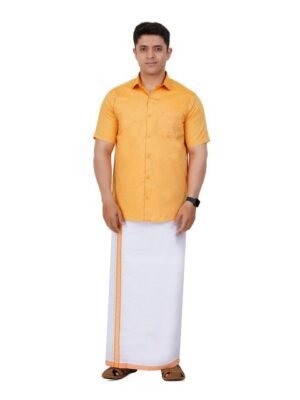 PRAKASAM COTTON Spread Collar Shirt And Veshti