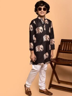 PRINTCULTR Boys Printed Band Collar Cotton Straight Kurta