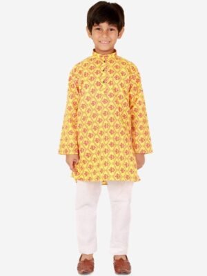 Pro-Ethic STYLE DEVELOPER Boys Yellow Ethnic Motifs Printed Pure Cotton Kurta with Pyjamas