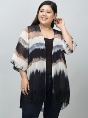 PURYS PLUS Abstract Printed Tasselled Longline Shrug