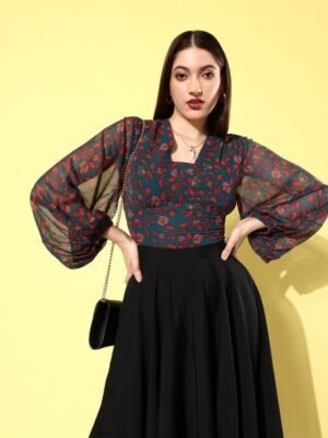 QUIERO Floral Print Puff Sleeve Georgette Top