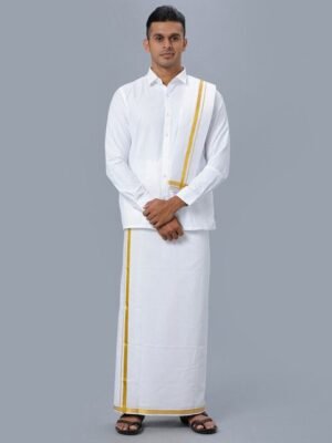 Ramraj Long Sleeves Pure Cotton Shirt With Golden jari Veshti & Angavastram