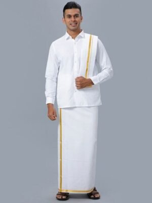 Ramraj Long Sleeves Pure Cotton Shirt With Golden jari Veshti & Angavastram