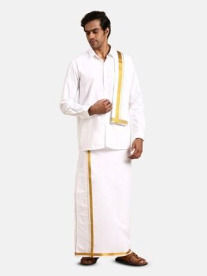 Ramraj Men Pure Cotton Shirt And Double Dhoti With Towel & Belt