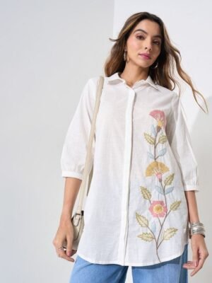 RANGMANCH BY PANTALOONS Embroidered Shirt Collar Pure Cotton Tunic
