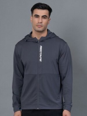 Red Tape aw-24 Men Typography Printed Hooded Front-Open Sports Sweatshirt
