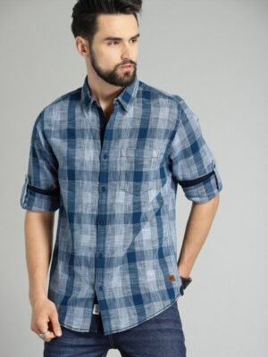 Roadster Men Blue & White Checked Structured Casual Shirt