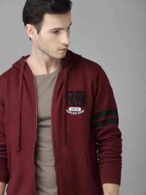 Roadster Men Burgundy Solid Hooded Sweatshirt with Applique Detail