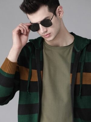 Roadster Men Green & Black Striped Hooded Cardigan