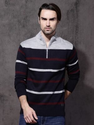 Roadster Men Navy Blue & Grey Striped Pullover