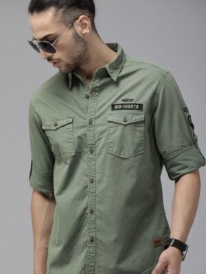 Roadster Men Olive Green Solid Pure Cotton Casual Shirt