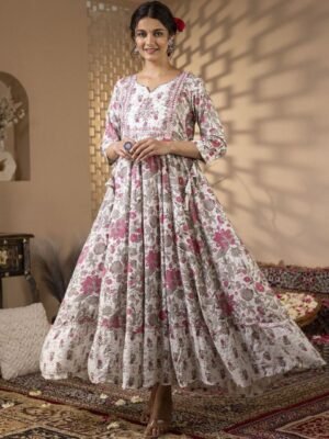 Sa Rasa Floral Printed Notch Neck Fit and Flare Cotton Ethnic Dress