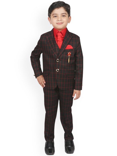 SG YUVRAJ Boys Black & Red Checked Single-Breasted Suit