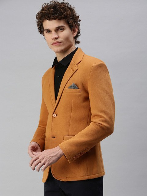 SHOWOFF Men Mustard Yellow Solid Single-Breasted Slim-Fit Blazer