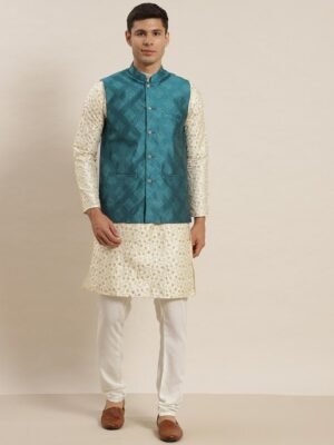 SOJANYA Men Cream-Coloured Ethnic Motifs Embroidered Kurta with Churidar & Nehru Jacket