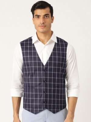 SOJANYA Men Navy Blue & Off White Checked Waistcoat
