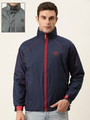 Sports52 wear Men Dark Blue And Grey Solid Reversible Rain Jacket