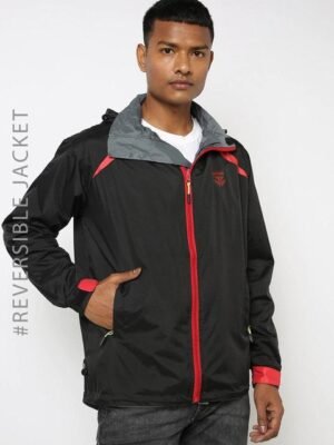 Sports52 wear Men Grey & Black Reversible Hooded Rain Jacket with Contrast Zip
