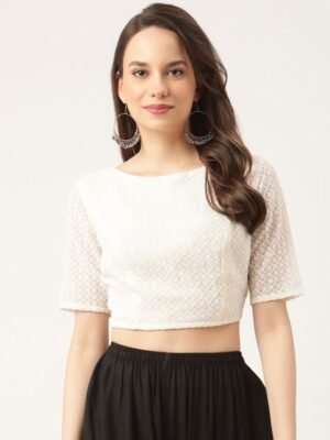 Studio Shringaar Off White Embroidered Georgette Chikankari Saree Blouse