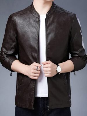 StyleCast x Revolte Men Mandarin Collar Solid PU Casual Windcheater Jacket