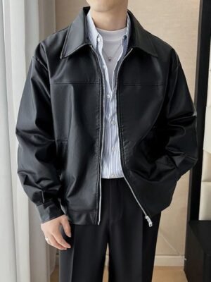 StyleCast x Revolte Men Spread Collar Solid Casual Leather Jacket