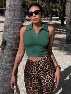 Stylecast X Slyck Green Ribbed Shirt Collar Fitted Crop Top