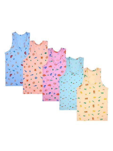 Superminis Infants Kids Pack Of 5 Printed Cotton Innerwear Vests