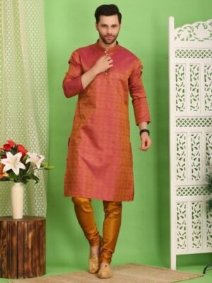 Sydney Heights Floral Woven Design Mandarin Collar Straight Kurta With Churidar