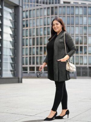Sztori Women Plus Size Charcoal Grey Solid Longline Sweater