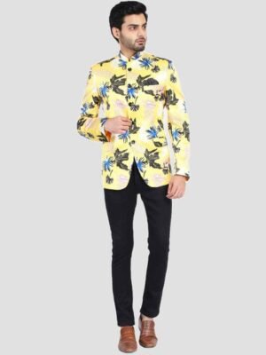 TAHVO Men Yellow & Black Printed Two-Piece Bandhgala Party Suit