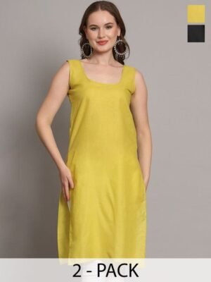 The Chikan Label Pack Of 2 Scoop Neck Cotton Longline Side Slits Slips