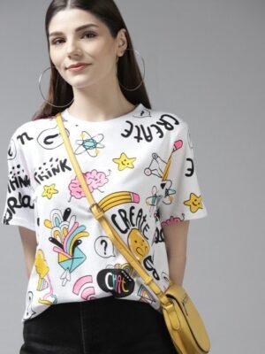The Dry State Women Conversational Printed Oversize Half Sleeve Cotton T-shirt