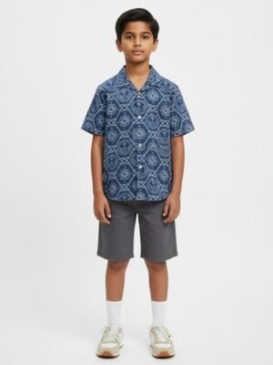 The Lion and Fish Boys Relaxed Fit Conversational Printed Cuban Collar Casual Shirt