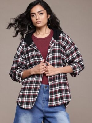 The Roadster Lifestyle Co. Hooded Checked Flannel Pure Cotton Shacket