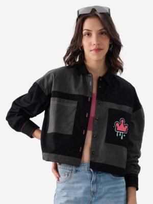 The Souled Store Graphic Printed Spread Collar Oversized Cotton Crop Casual Shirt