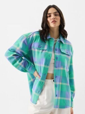 The Souled Store Sea Green Oversized Opaque Tartan Checked Pure Cotton Casual Shackets